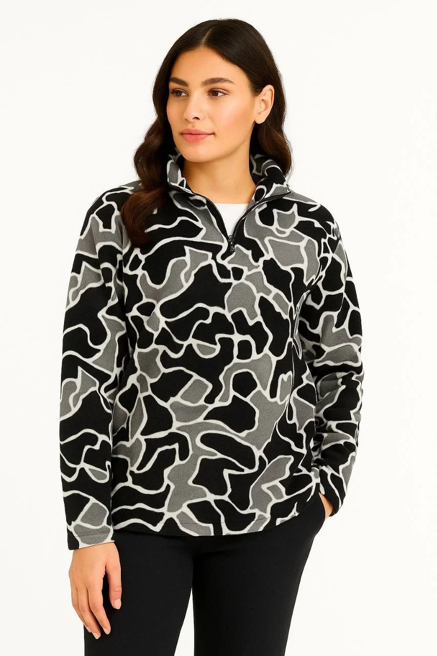 KADIN Yarım Fermuarlı Desenli Polar Sweat Yakalı, Uzun Kollu, Oversize Rahat Kalıp - Varsayılan