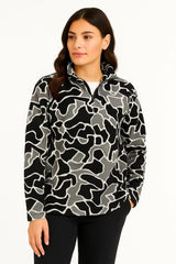 KADIN Yarım Fermuarlı Desenli Polar Sweat Yakalı, Uzun Kollu, Oversize Rahat Kalıp - Varsayılan