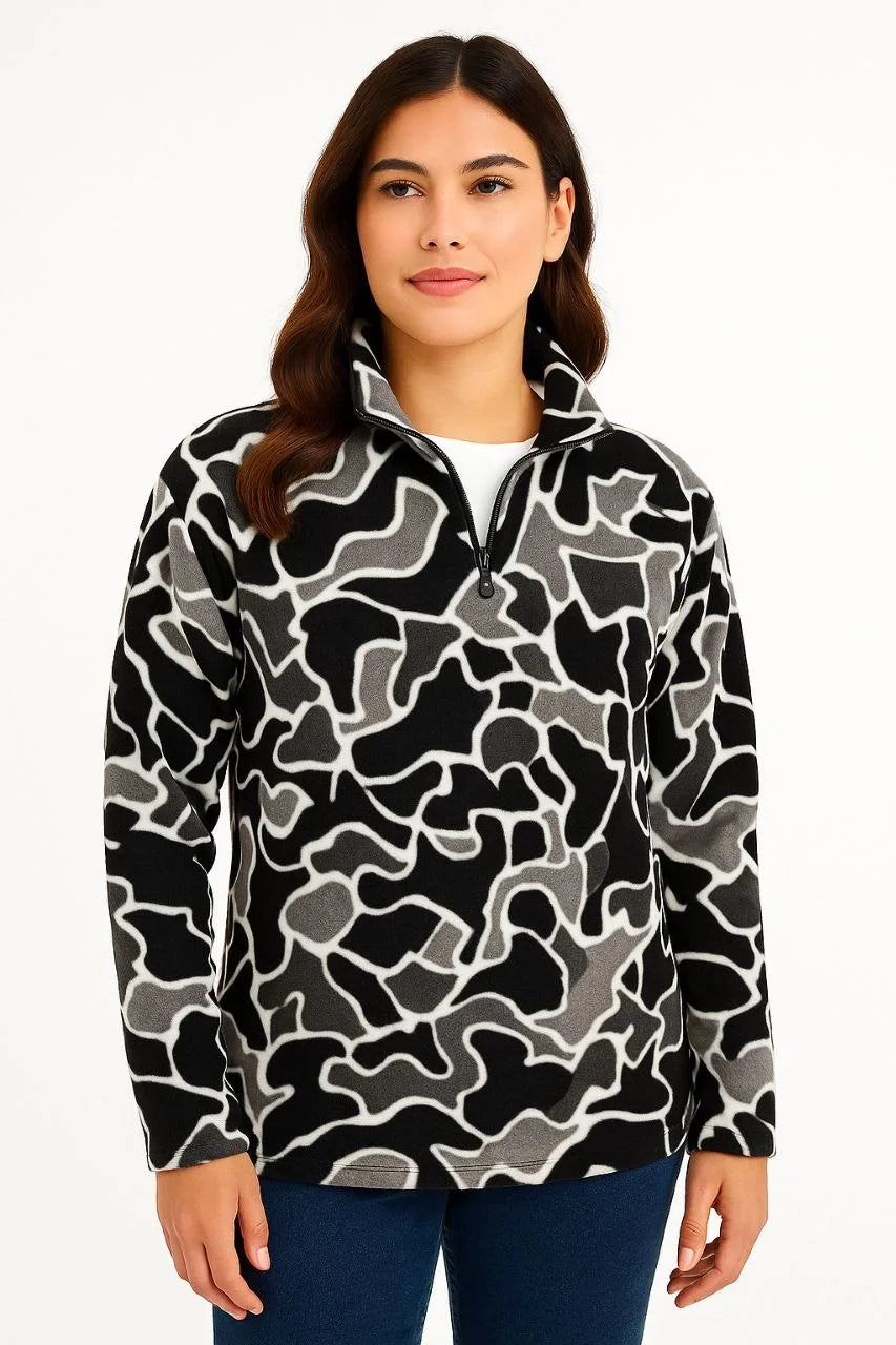 KADIN Yarım Fermuarlı Desenli Polar Sweat Yakalı, Uzun Kollu, Oversize Rahat Kalıp - Varsayılan