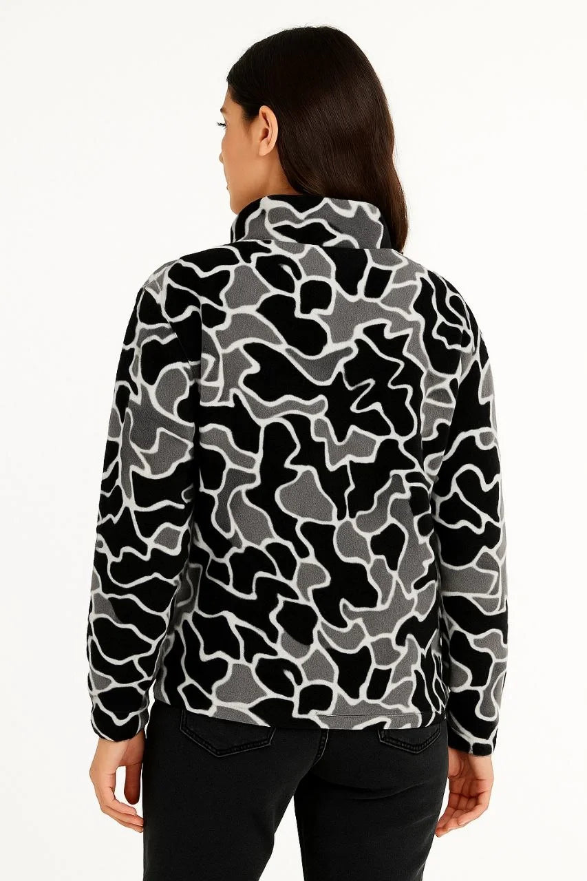 KADIN Yarım Fermuarlı Desenli Polar Sweat Yakalı, Uzun Kollu, Oversize Rahat Kalıp - Varsayılan
