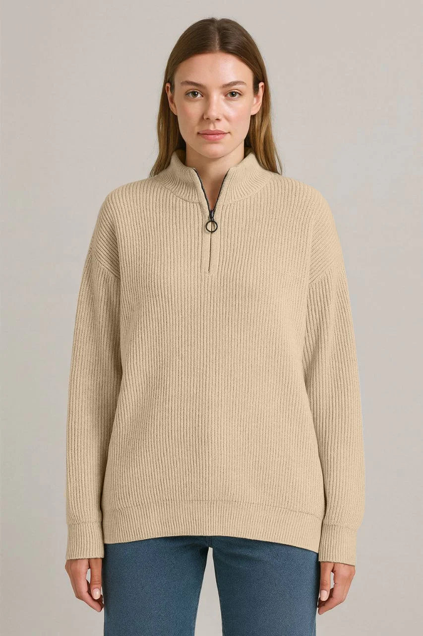 KADIN Yarım Fermuarlı Triko Kazak – Selanik Örgü, Dik Yaka, Pamuklu Dokuma, Oversize Uzun Kollu Kışlık Model - Varsayılan