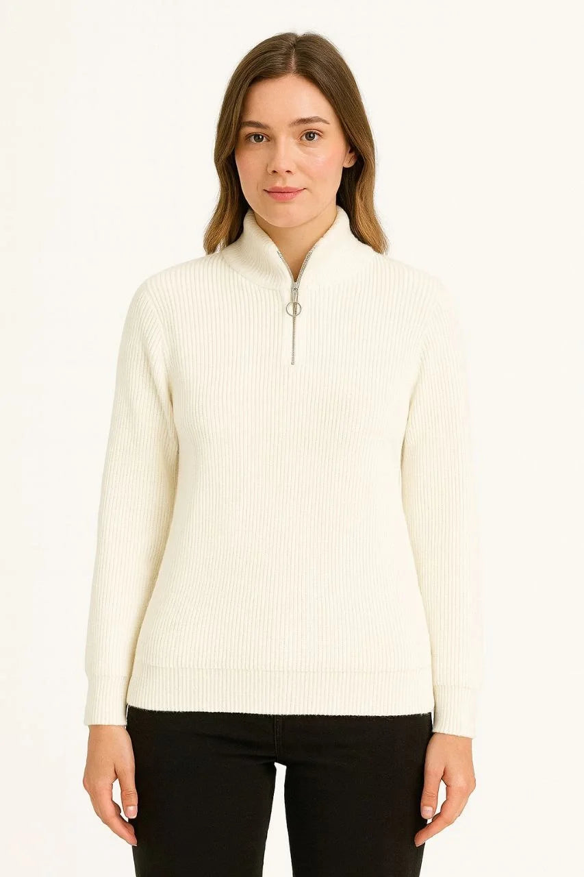 KADIN Yarım Fermuarlı Triko Kazak – Selanik Örgü, Dik Yaka, Pamuklu Dokuma, Oversize Uzun Kollu Kışlık Model - Varsayılan