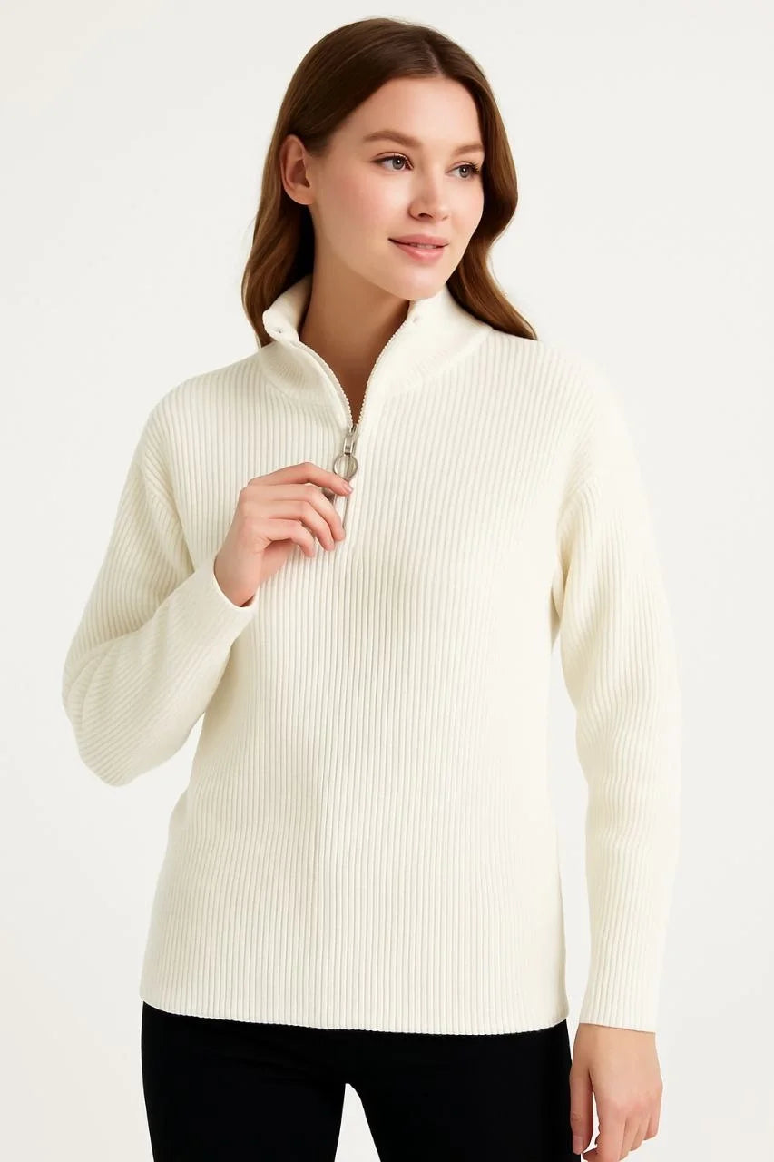 KADIN Yarım Fermuarlı Triko Kazak – Selanik Örgü, Dik Yaka, Pamuklu Dokuma, Oversize Uzun Kollu Kışlık Model - Varsayılan