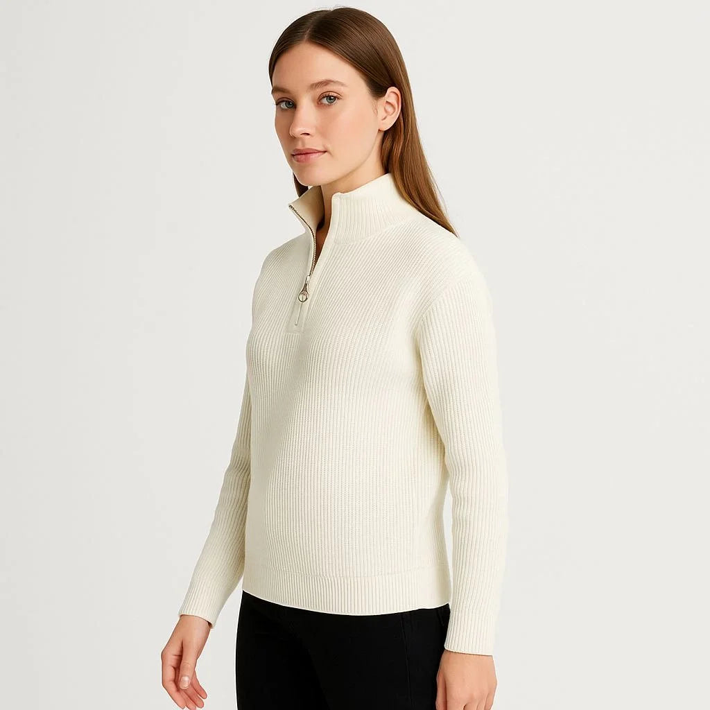 KADIN Yarım Fermuarlı Triko Kazak – Selanik Örgü, Dik Yaka, Pamuklu Dokuma, Oversize Uzun Kollu Kışlık Model - Varsayılan