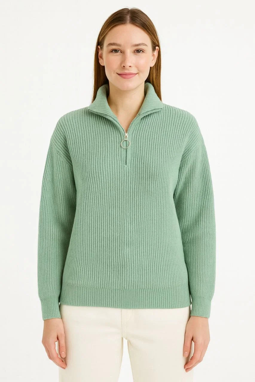 KADIN Yarım Fermuarlı Triko Kazak – Selanik Örgü, Dik Yaka, Pamuklu Dokuma, Oversize Uzun Kollu Kışlık Model - Varsayılan