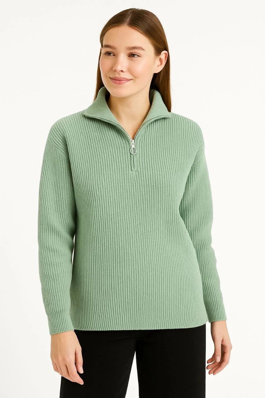 KADIN Yarım Fermuarlı Triko Kazak – Selanik Örgü, Dik Yaka, Pamuklu Dokuma, Oversize Uzun Kollu Kışlık Model - Varsayılan