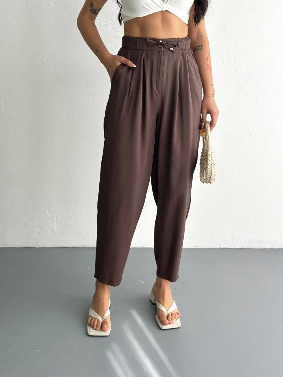 Kadın Yüksel Bel Beli Bağcıklı Rahat Boru Paça Pantalon - Varsayılan