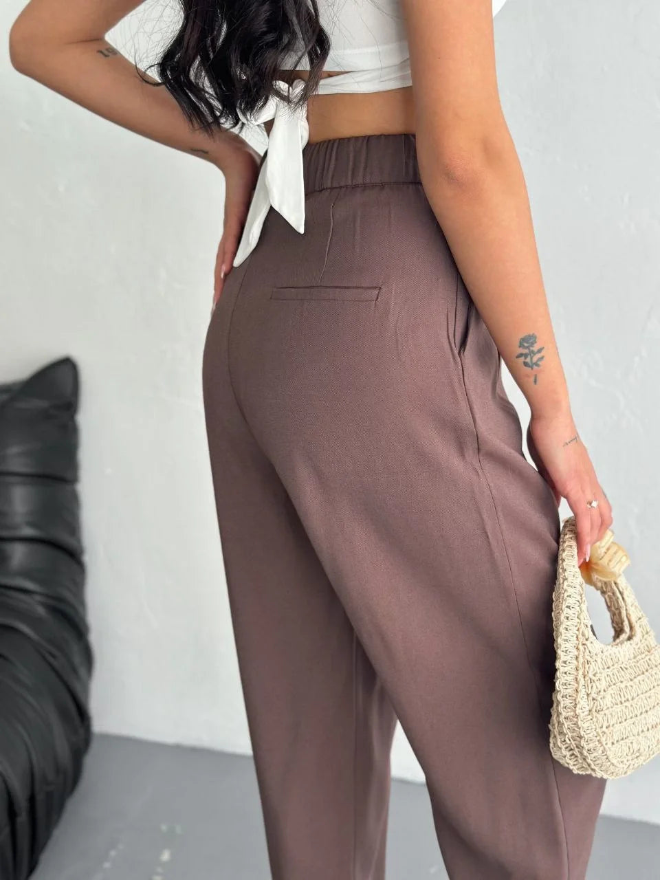 Kadın Yüksel Bel Beli Bağcıklı Rahat Boru Paça Pantalon - Varsayılan