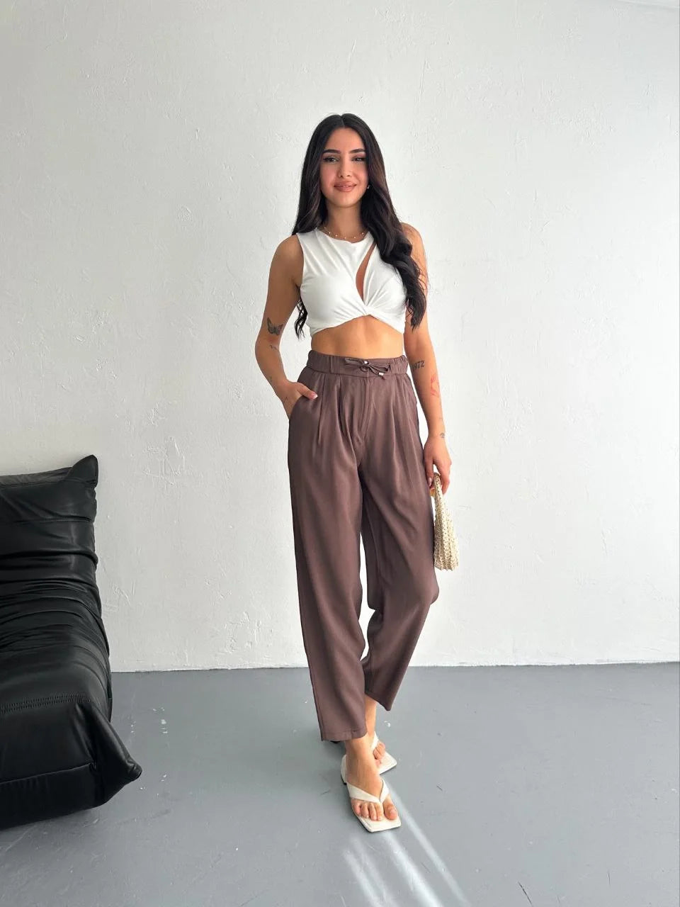 Kadın Yüksel Bel Beli Bağcıklı Rahat Boru Paça Pantalon - Varsayılan