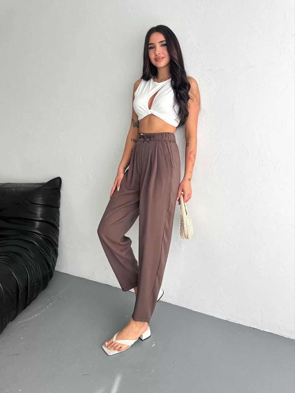 Kadın Yüksel Bel Beli Bağcıklı Rahat Boru Paça Pantalon - Varsayılan
