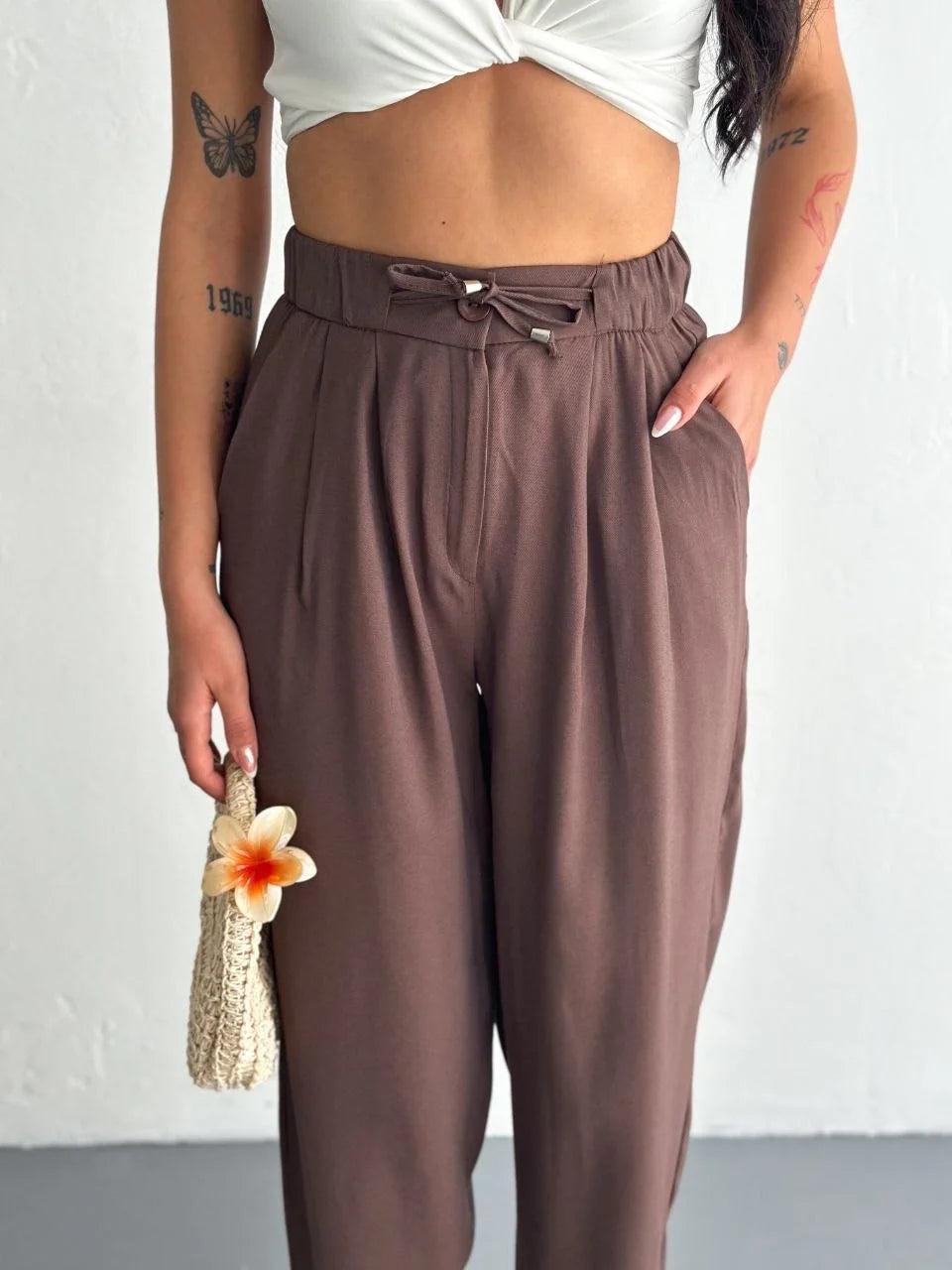 Kadın Yüksel Bel Beli Bağcıklı Rahat Boru Paça Pantalon - Varsayılan