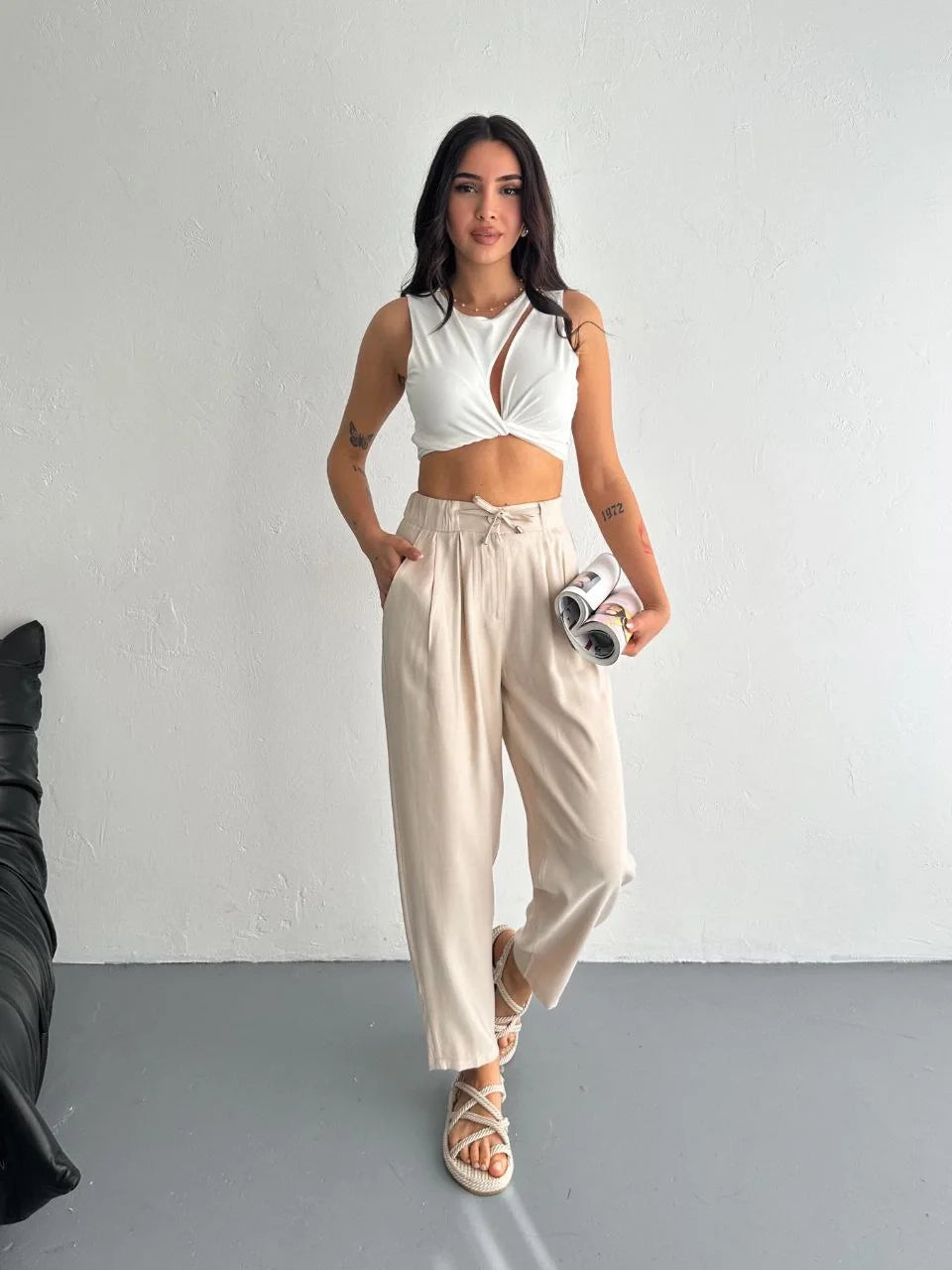 Kadın Yüksel Bel Beli Bağcıklı Rahat Boru Paça Pantalon - Varsayılan