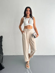 Kadın Yüksel Bel Beli Bağcıklı Rahat Boru Paça Pantalon - Varsayılan