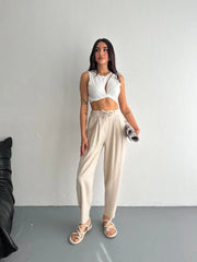 Kadın Yüksel Bel Beli Bağcıklı Rahat Boru Paça Pantalon - Varsayılan