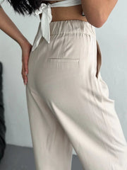 Kadın Yüksel Bel Beli Bağcıklı Rahat Boru Paça Pantalon - Varsayılan
