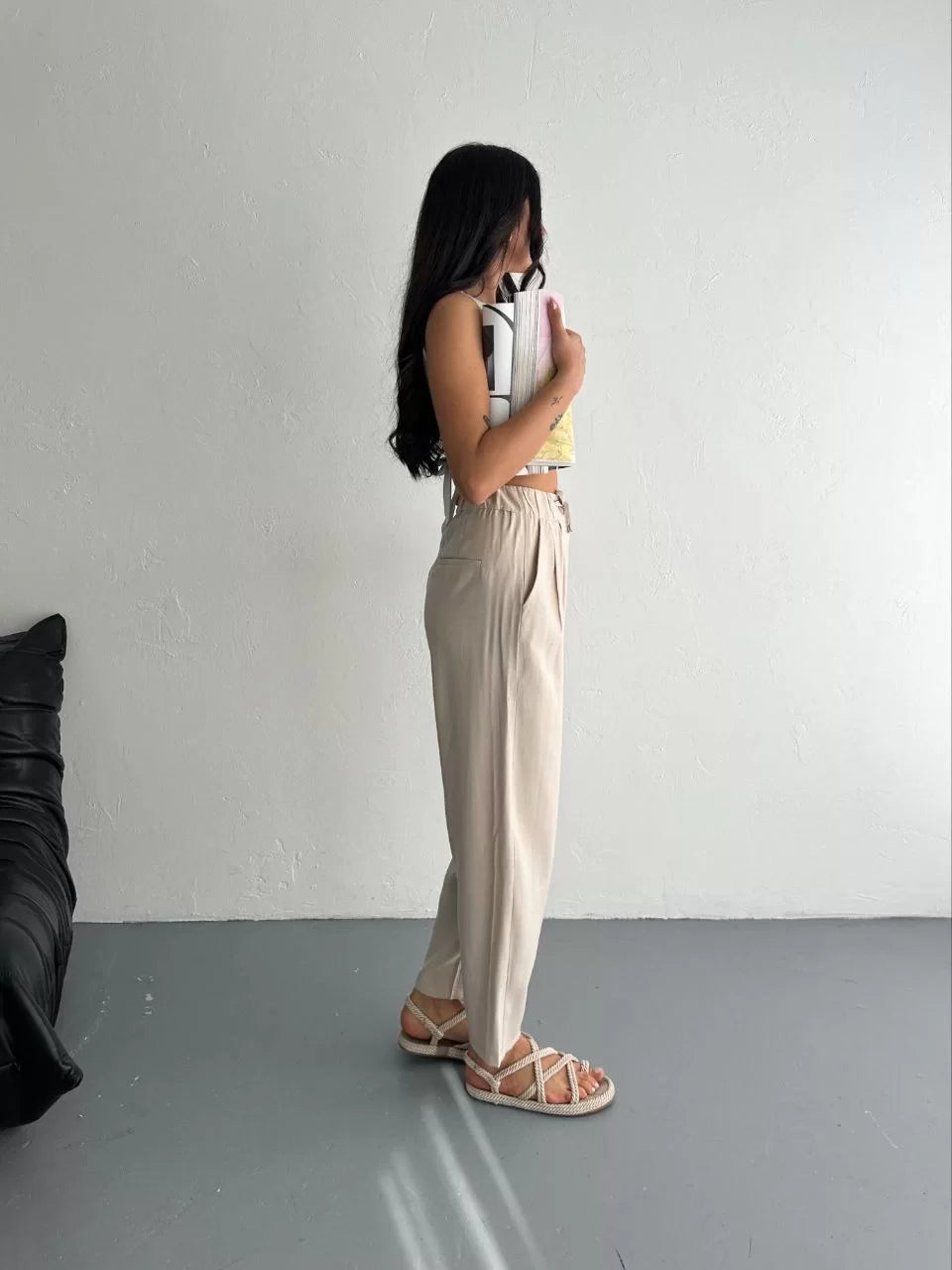 Kadın Yüksel Bel Beli Bağcıklı Rahat Boru Paça Pantalon - Varsayılan
