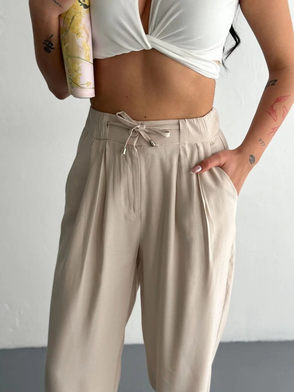 Kadın Yüksel Bel Beli Bağcıklı Rahat Boru Paça Pantalon - Varsayılan