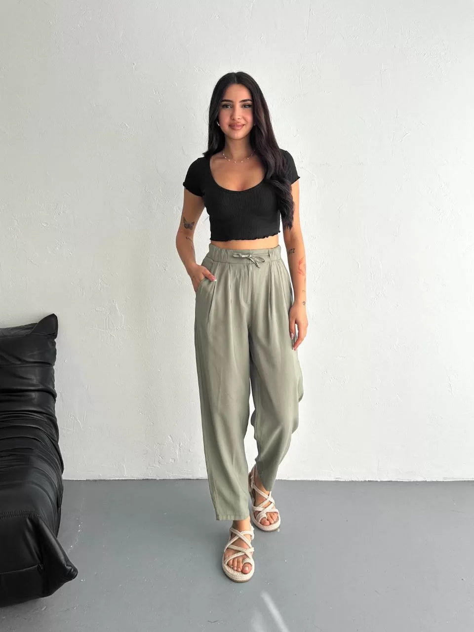 Kadın Yüksel Bel Beli Bağcıklı Rahat Boru Paça Pantalon - Varsayılan