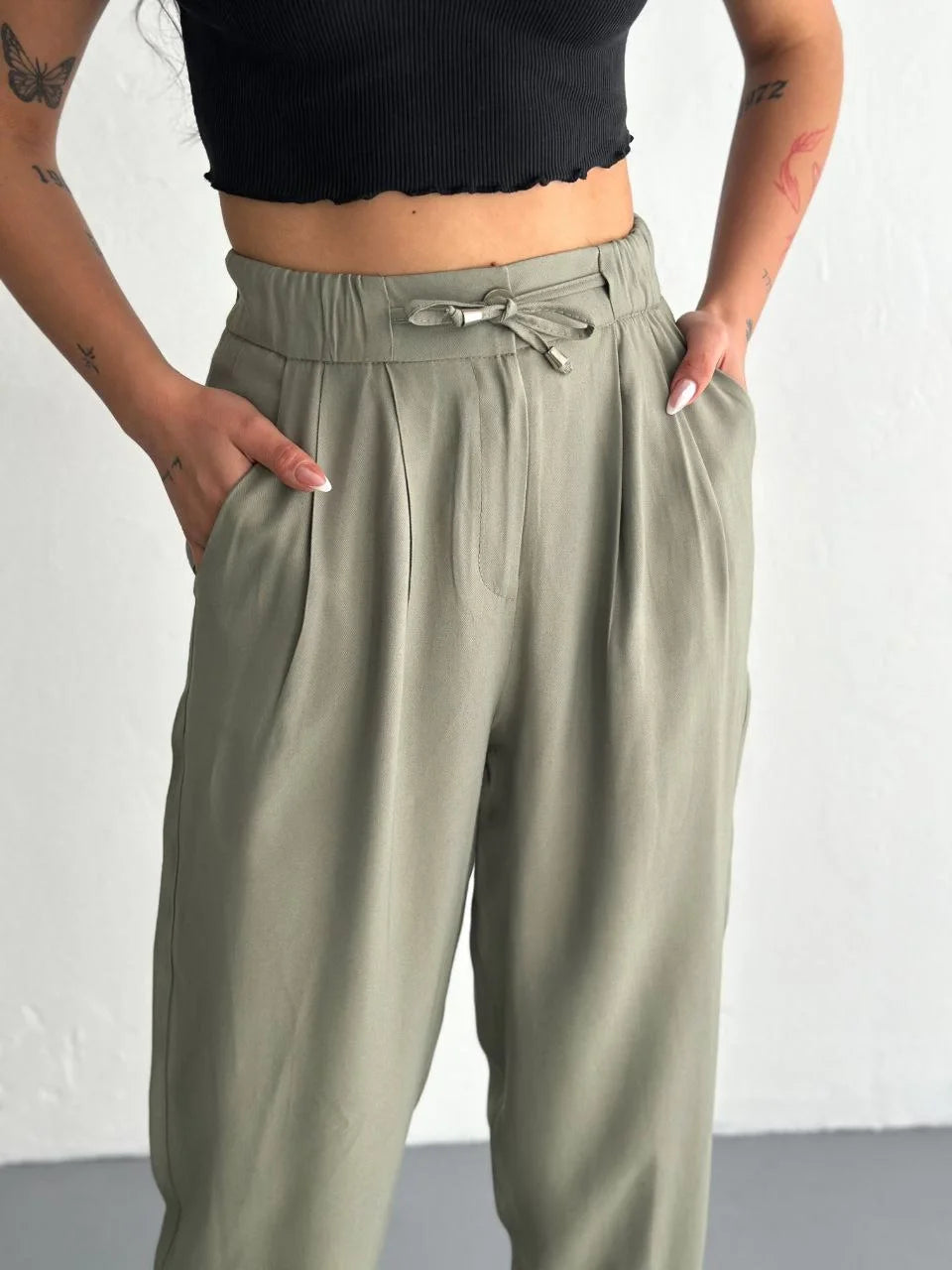 Kadın Yüksel Bel Beli Bağcıklı Rahat Boru Paça Pantalon - Varsayılan