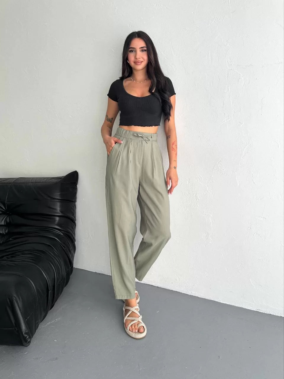 Kadın Yüksel Bel Beli Bağcıklı Rahat Boru Paça Pantalon - Varsayılan