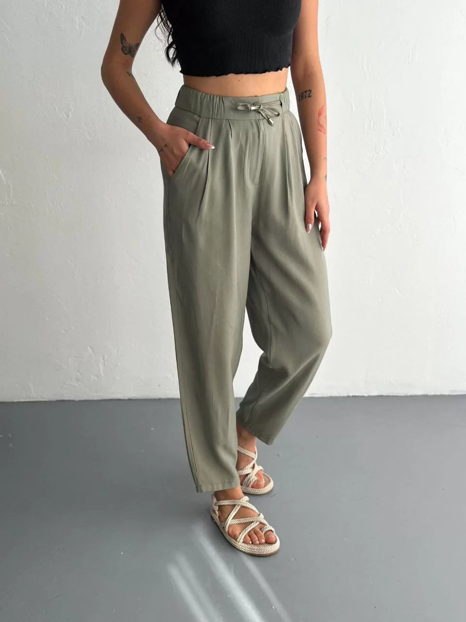 Kadın Yüksel Bel Beli Bağcıklı Rahat Boru Paça Pantalon - Varsayılan