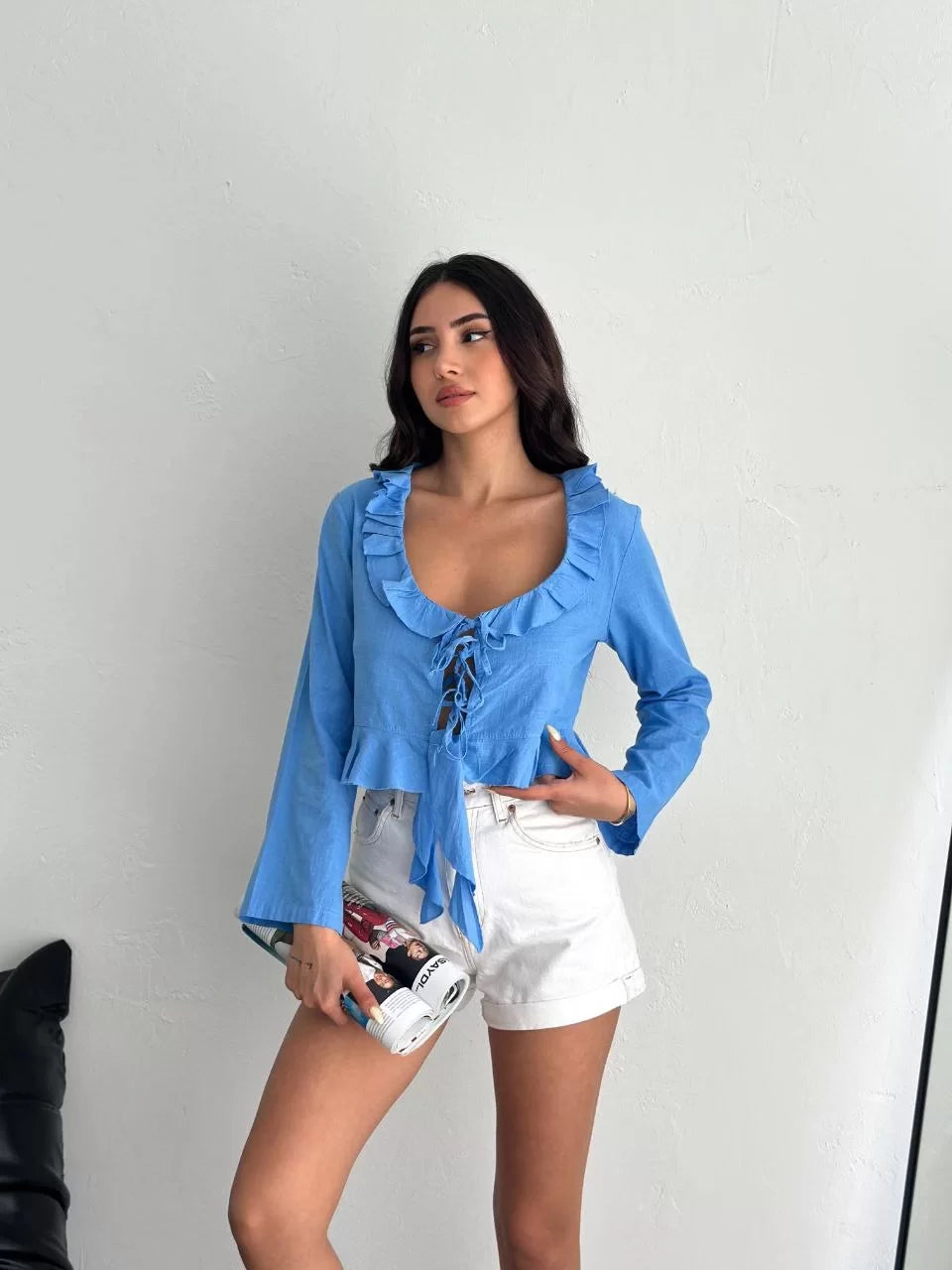Keten Uzun Kol Bağacık Detaylı Bluz - Varsayılan