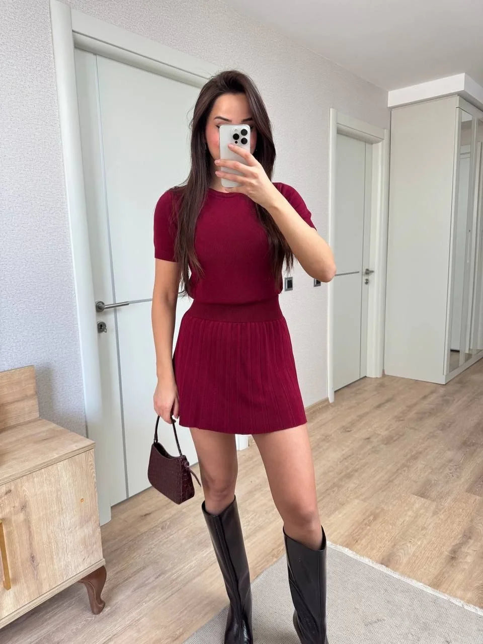 Kısa Kollu Bluz Mini Etekli ikili Takım Triko - Varsayılan