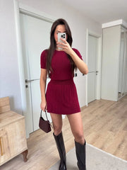 Kısa Kollu Bluz Mini Etekli ikili Takım Triko - Varsayılan