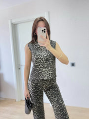 leopar desenli Düğmeli Bluzlu Pantolon İkili Takım -Leopar - Varsayılan