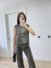 leopar desenli Düğmeli Bluzlu Pantolon İkili Takım -Leopar - Varsayılan
