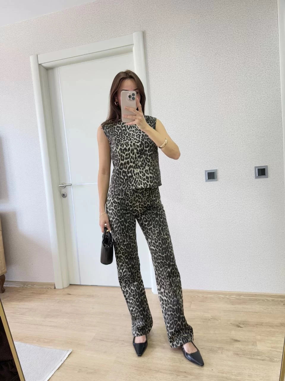 leopar desenli Düğmeli Bluzlu Pantolon İkili Takım -Leopar - Varsayılan