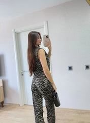 leopar desenli Düğmeli Bluzlu Pantolon İkili Takım -Leopar - Varsayılan