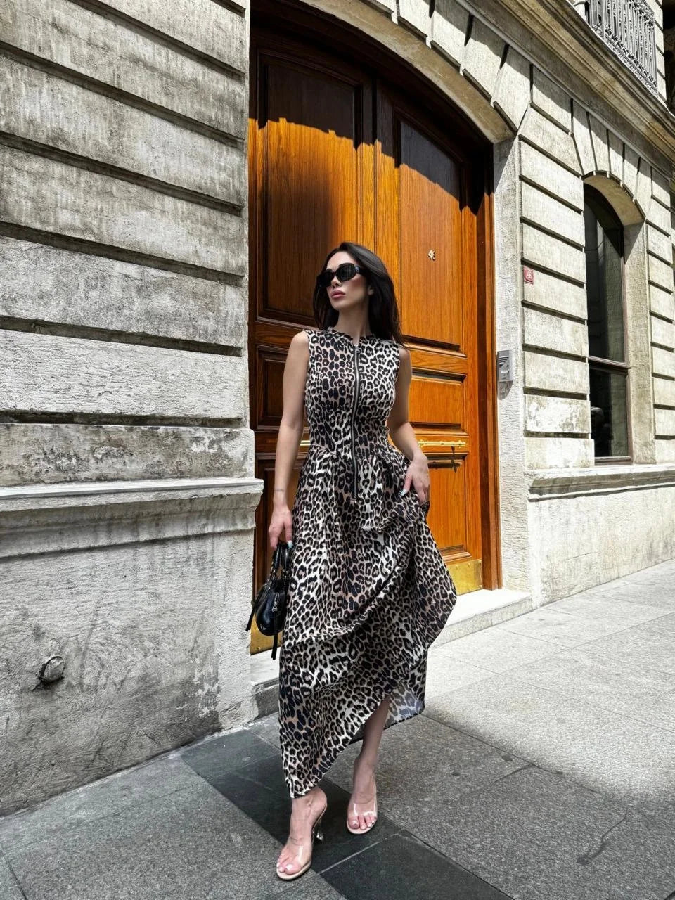 Leopar Desenli Fermuarlı Cepli Pileli Kadın Midi Elbise- Leopar - Varsayılan