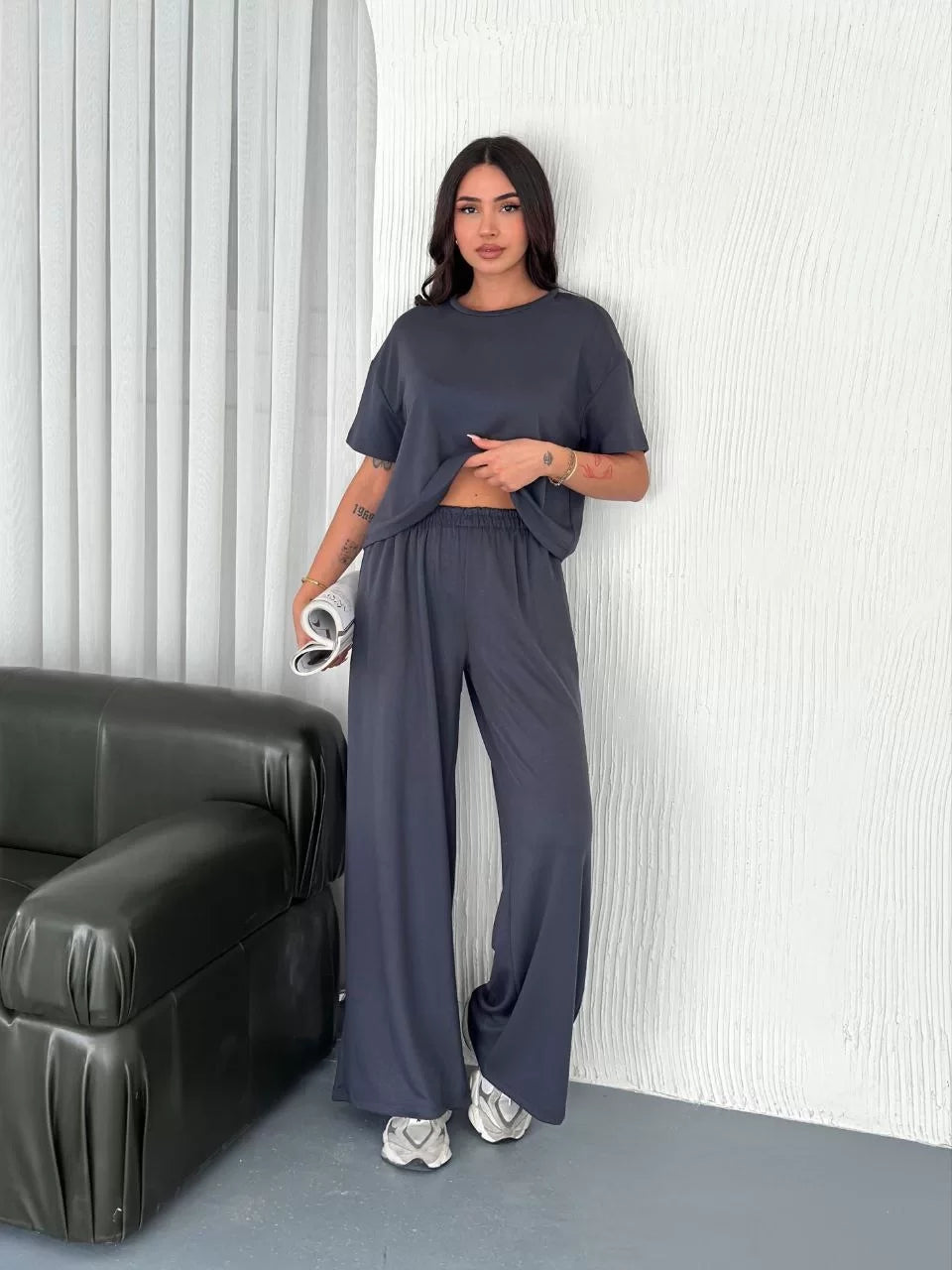 Osy Modal Yumuşak Dokulu Kumaş Bisiklet Yaka T-shirt Bol paça Pantalon ikili Takım - Varsayılan
