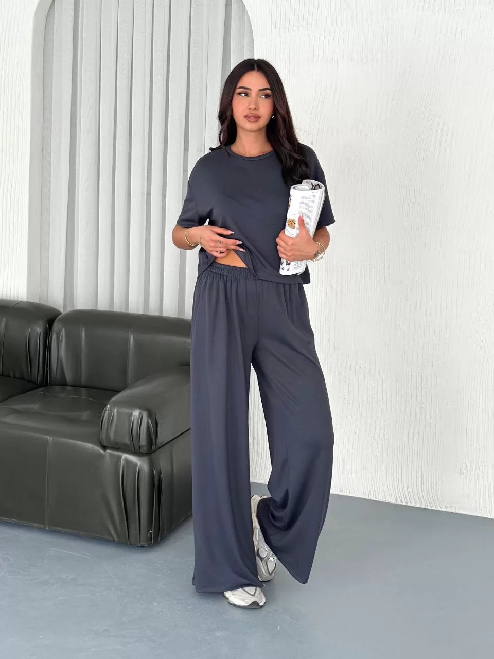 Osy Modal Yumuşak Dokulu Kumaş Bisiklet Yaka T-shirt Bol paça Pantalon ikili Takım - Varsayılan