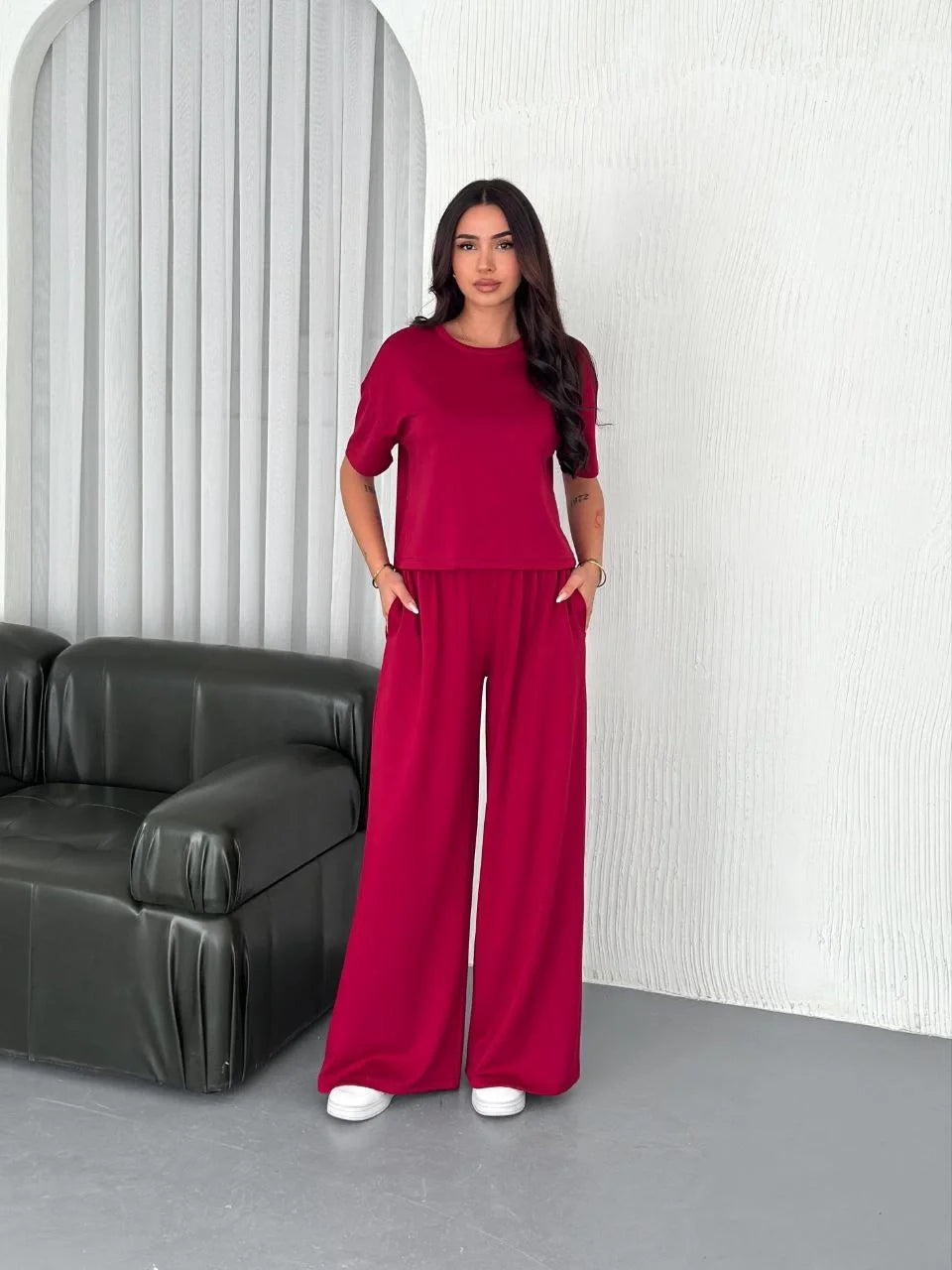 Osy Modal Yumuşak Dokulu Kumaş Bisiklet Yaka T-shirt Bol paça Pantalon ikili Takım - Varsayılan