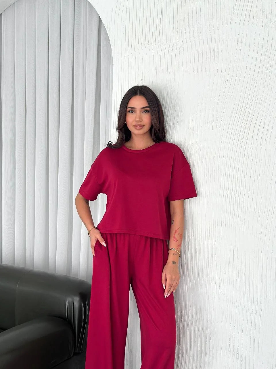 Osy Modal Yumuşak Dokulu Kumaş Bisiklet Yaka T-shirt Bol paça Pantalon ikili Takım - Varsayılan