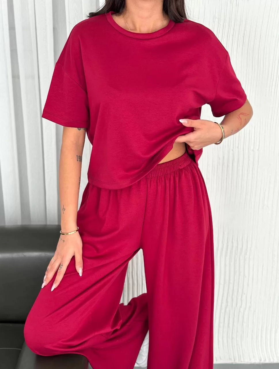 Osy Modal Yumuşak Dokulu Kumaş Bisiklet Yaka T-shirt Bol paça Pantalon ikili Takım - Varsayılan