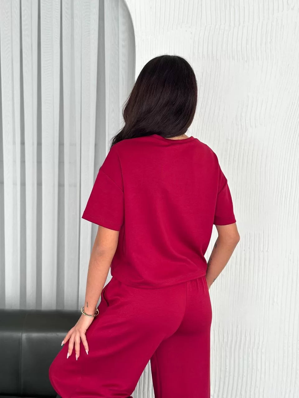 Osy Modal Yumuşak Dokulu Kumaş Bisiklet Yaka T-shirt Bol paça Pantalon ikili Takım - Varsayılan