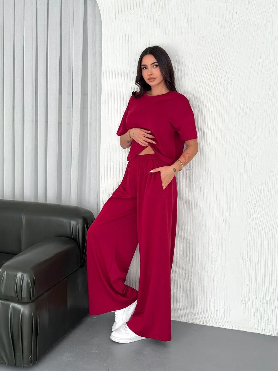Osy Modal Yumuşak Dokulu Kumaş Bisiklet Yaka T-shirt Bol paça Pantalon ikili Takım - Varsayılan