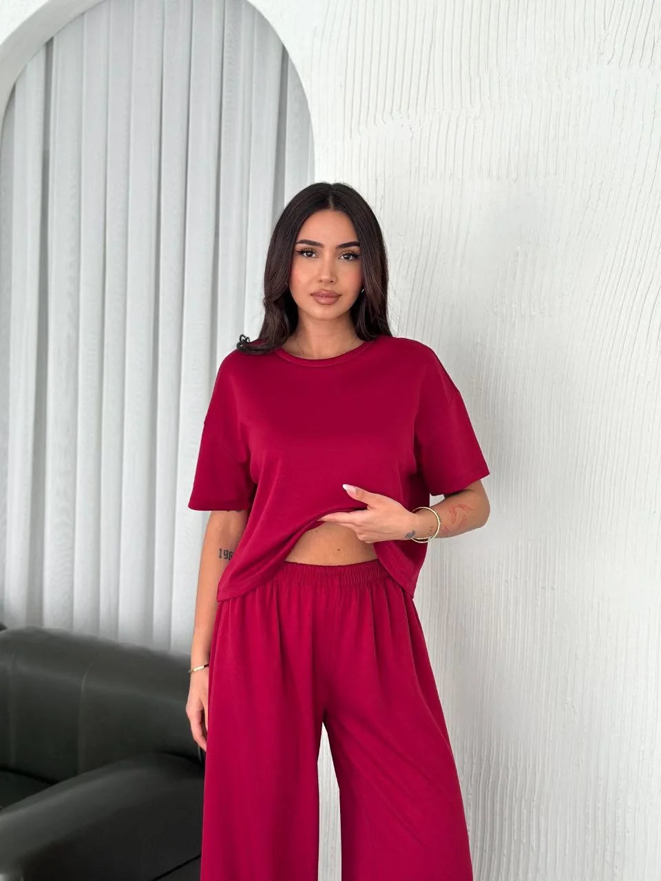 Osy Modal Yumuşak Dokulu Kumaş Bisiklet Yaka T-shirt Bol paça Pantalon ikili Takım - Varsayılan