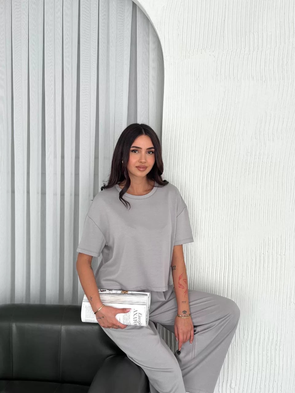 Osy Modal Yumuşak Dokulu Kumaş Bisiklet Yaka T-shirt Bol paça Pantalon ikili Takım - Varsayılan