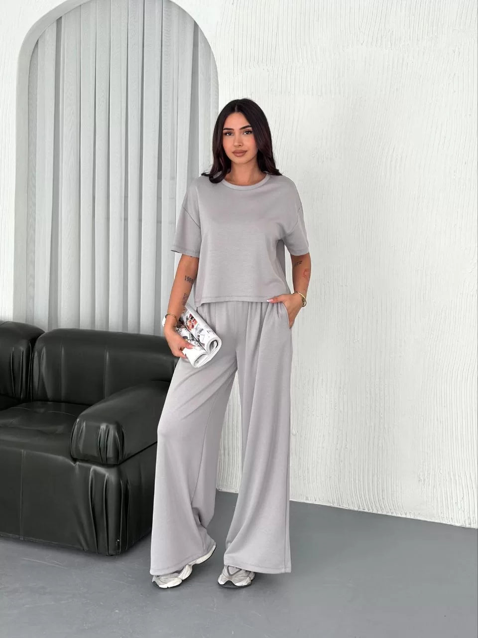 Osy Modal Yumuşak Dokulu Kumaş Bisiklet Yaka T-shirt Bol paça Pantalon ikili Takım - Varsayılan