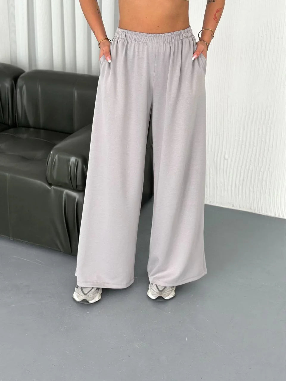 Osy Modal Yumuşak Dokulu Kumaş Bisiklet Yaka T-shirt Bol paça Pantalon ikili Takım - Varsayılan