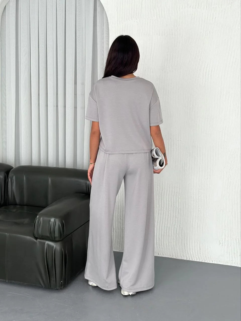 Osy Modal Yumuşak Dokulu Kumaş Bisiklet Yaka T-shirt Bol paça Pantalon ikili Takım - Varsayılan