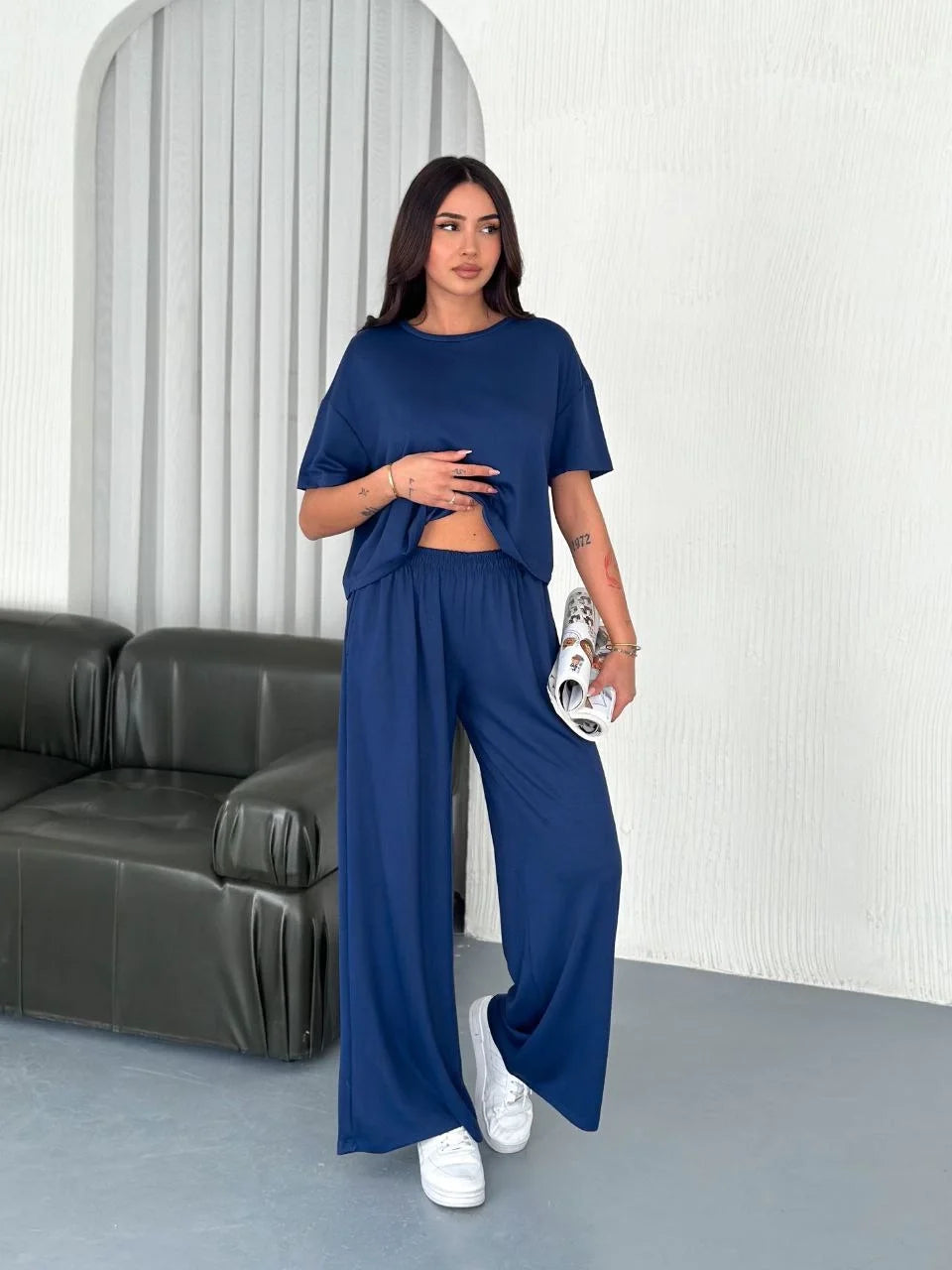 Osy Modal Yumuşak Dokulu Kumaş Bisiklet Yaka T-shirt Bol paça Pantalon ikili Takım - Varsayılan