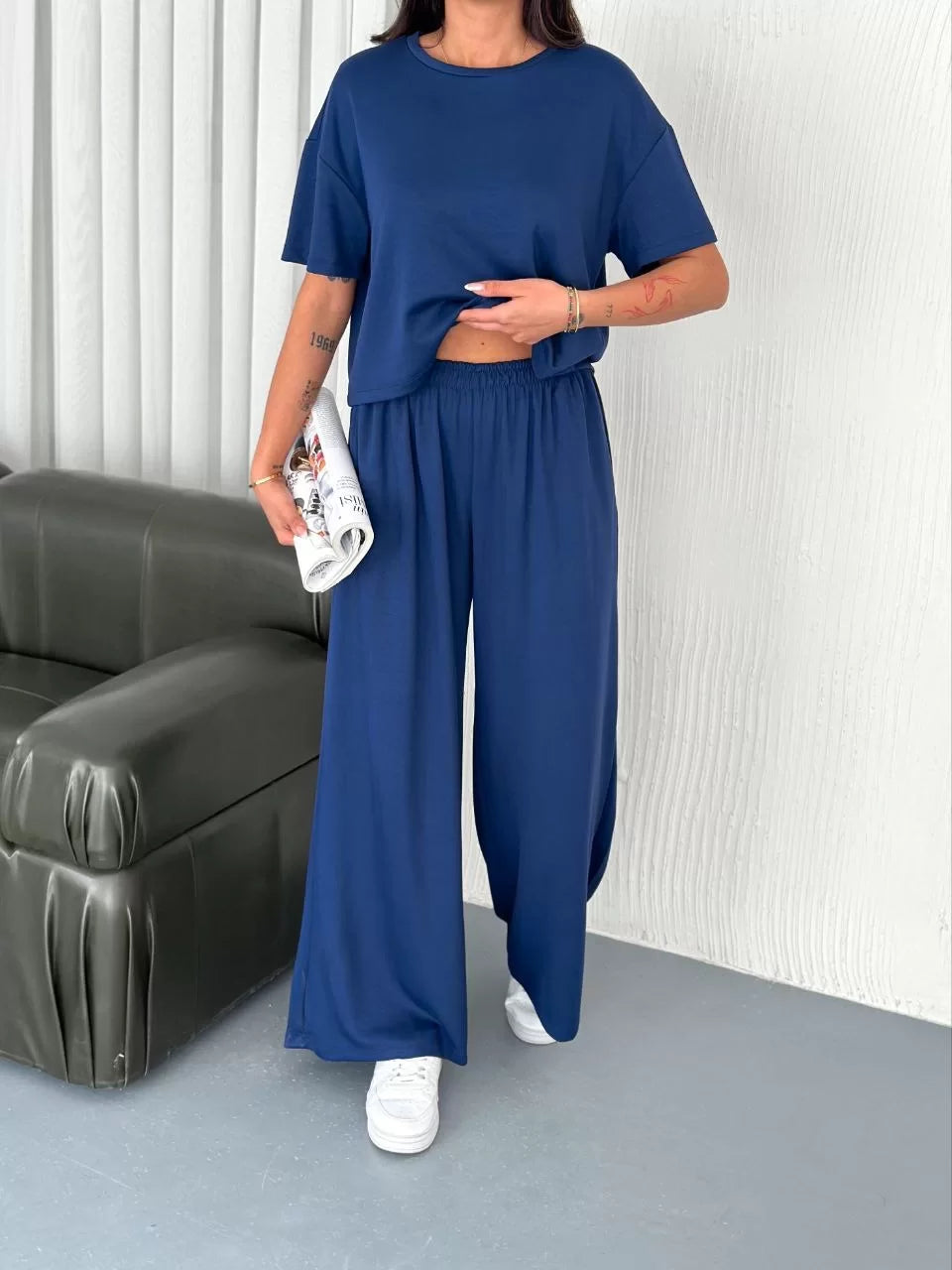 Osy Modal Yumuşak Dokulu Kumaş Bisiklet Yaka T-shirt Bol paça Pantalon ikili Takım - Varsayılan