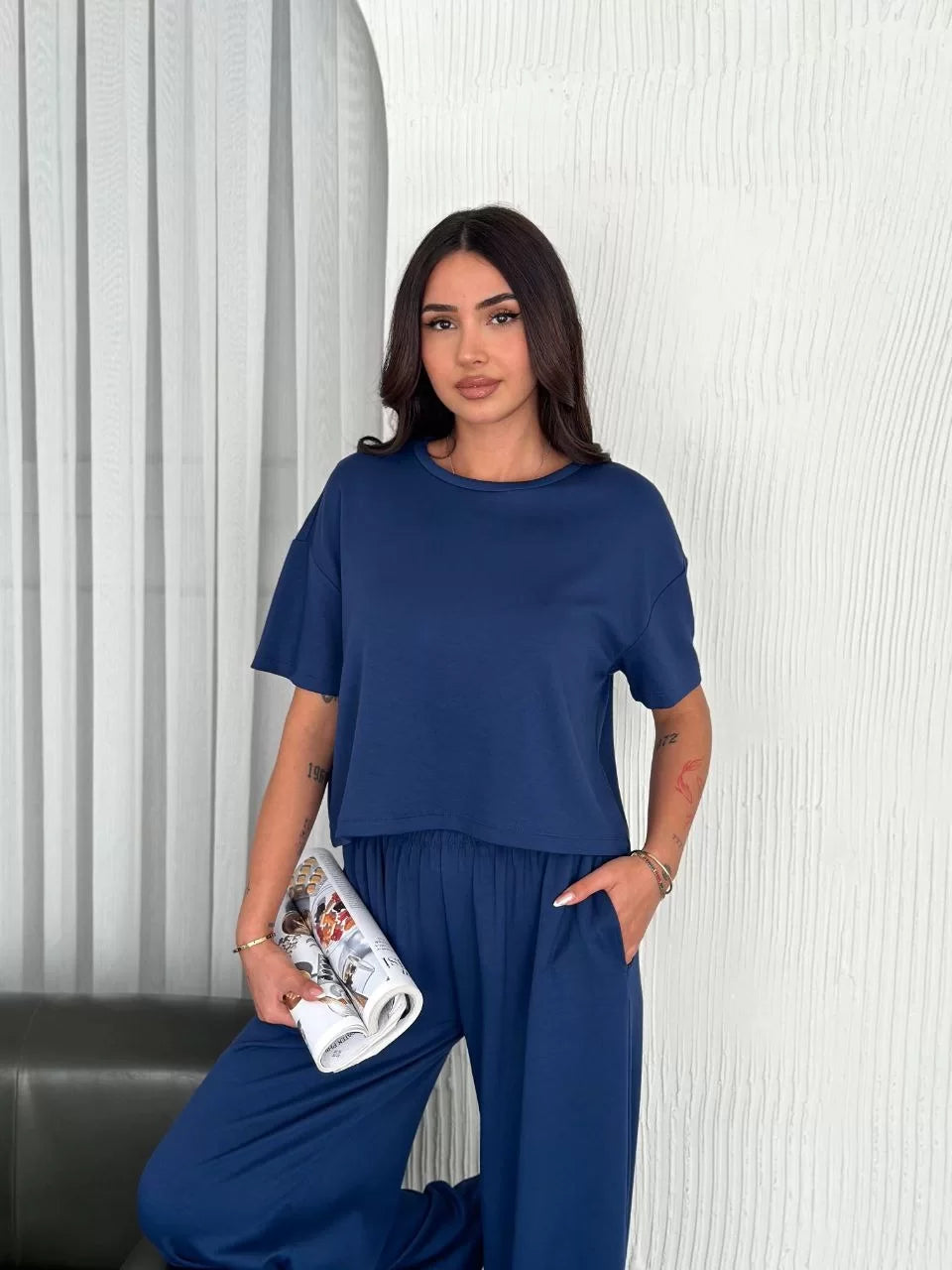 Osy Modal Yumuşak Dokulu Kumaş Bisiklet Yaka T-shirt Bol paça Pantalon ikili Takım - Varsayılan