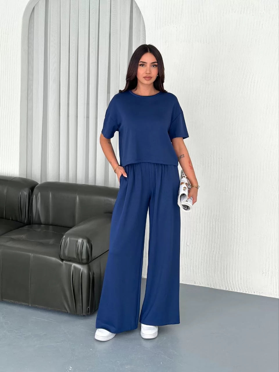 Osy Modal Yumuşak Dokulu Kumaş Bisiklet Yaka T-shirt Bol paça Pantalon ikili Takım - Varsayılan