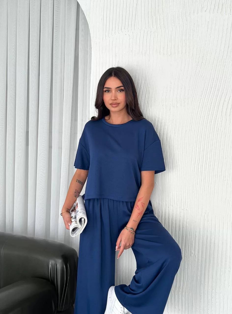 Osy Modal Yumuşak Dokulu Kumaş Bisiklet Yaka T-shirt Bol paça Pantalon ikili Takım - Varsayılan